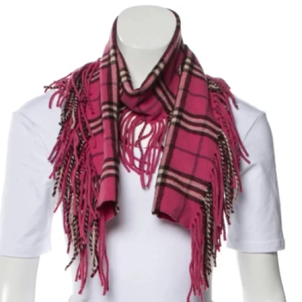 Burberry 100% cashmere authentic happy double fringe hot pink plaid scarf vintag